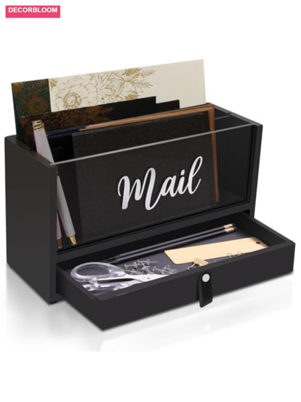 Solid Wood Two-Layer Mail Organizer with Acrylic Top, Drawer & Leather Handle